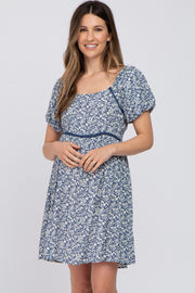 Blue Floral Crochet Accent Maternity Dress