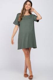 Olive Soft Knit Cuffed Short Sleeve Maternity Dress