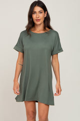 Olive Soft Knit Cuffed Short Sleeve Maternity Dress