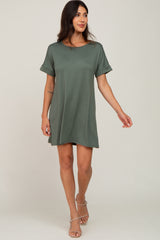 Olive Soft Knit Cuffed Short Sleeve Dress