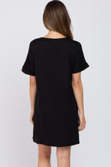 Black Soft Knit Cuffed Short Sleeve Maternity Dress