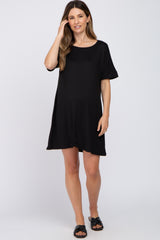 Black Soft Knit Cuffed Short Sleeve Maternity Dress