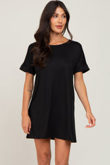 Black Soft Knit Cuffed Short Sleeve Maternity Dress