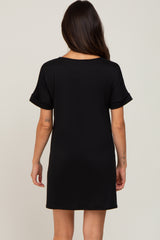 Black Soft Knit Cuffed Short Sleeve Dress