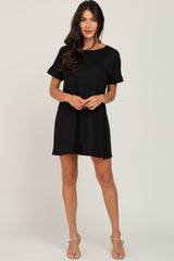 Black Soft Knit Cuffed Short Sleeve Dress