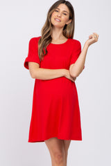 Red Soft Knit Cuffed Short Sleeve Maternity Dress