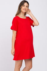 Red Soft Knit Cuffed Short Sleeve Maternity Dress