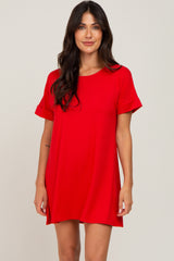 Red Soft Knit Cuffed Short Sleeve Maternity Dress