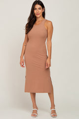 Mocha Ribbed Side Slit Maternity Midi Dress