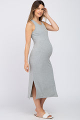 Heather Grey Ribbed Side Slit Maternity Midi Dress