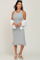 Heather Grey Ribbed Side Slit Maternity Midi Dress