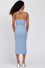 Blue Leaf Print Fitted Midi Dress