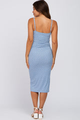 Blue Leaf Print Fitted Maternity Midi Dress