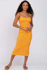 Orange Leaf Print Fitted Midi Dress