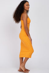 Orange Leaf Print Fitted Midi Dress