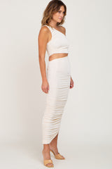 Cream One Shoulder Cutout Ruched Midi Dress