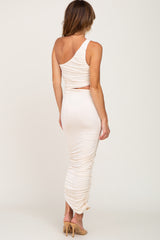 Cream One Shoulder Cutout Ruched Midi Dress