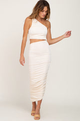 Cream One Shoulder Cutout Ruched Midi Dress