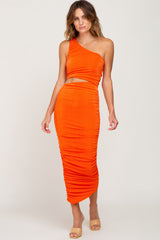 Orange One Shoulder Cutout Ruched Maternity Midi Dress