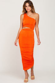 Orange One Shoulder Cutout Ruched Midi Dress