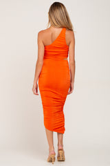 Orange One Shoulder Cutout Ruched Maternity Midi Dress