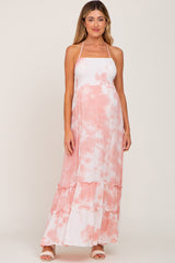 Pink Tie Dye Smocked Cutout Maternity Maxi Dress