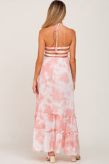 Pink Tie Dye Smocked Cutout Maternity Maxi Dress