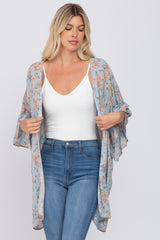 Blue Floral Ruffle Sleeve Back Tie Cover Up