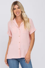 Pink Collared Button-Down Short Sleeve Maternity Blouse