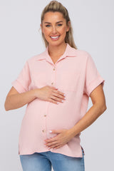 Pink Collared Button-Down Short Sleeve Maternity Blouse