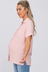 Pink Collared Button-Down Short Sleeve Maternity Blouse