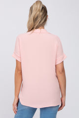 Pink Collared Button-Down Short Sleeve Maternity Blouse