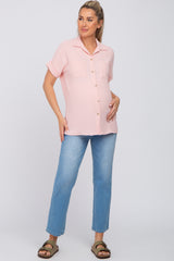 Pink Collared Button-Down Short Sleeve Maternity Blouse