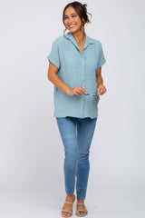 Light Olive Collared Button-Down Short Sleeve Maternity Blouse