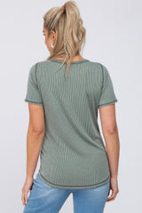 Olive Ribbed Front Pocket Short Sleeve Maternity Top