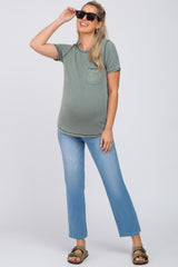 Olive Ribbed Front Pocket Short Sleeve Maternity Top