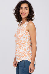 Ivory Peach Floral Ribbed Tank Top