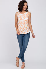 Ivory Peach Floral Ribbed Tank Top