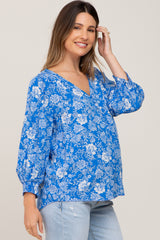 Blue Floral Paisley Button Front 3/4 Sleeve Maternity Blouse