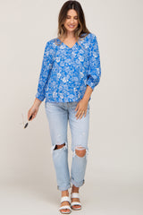 Blue Floral Paisley Button Front 3/4 Sleeve Maternity Blouse