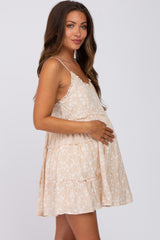 Beige Floral Sleeveless Tiered Maternity Mini Dress