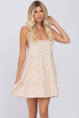 Beige Floral Sleeveless Tiered Mini Dress