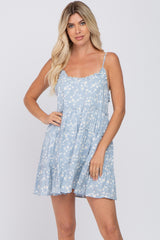 Light Blue Floral Sleeveless Tiered Mini Dress