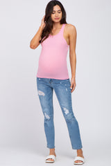 Pink Ribbed Fitted Maternity Top