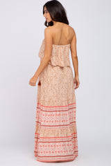 Peach Floral Ruffle Layered Strapless Maternity Maxi Dress