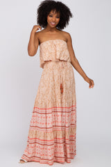 Peach Floral Ruffle Layered Strapless Maternity Maxi Dress