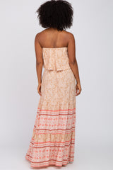 Peach Floral Ruffle Layered Strapless Maxi Dress