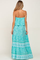 Aqua Floral Ruffle Layered Strapless Maternity Maxi Dress