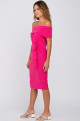 Fuchsia Folded Off Shoulder Waist Tie Midi Dress