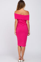 Fuchsia Folded Off Shoulder Waist Tie Midi Dress